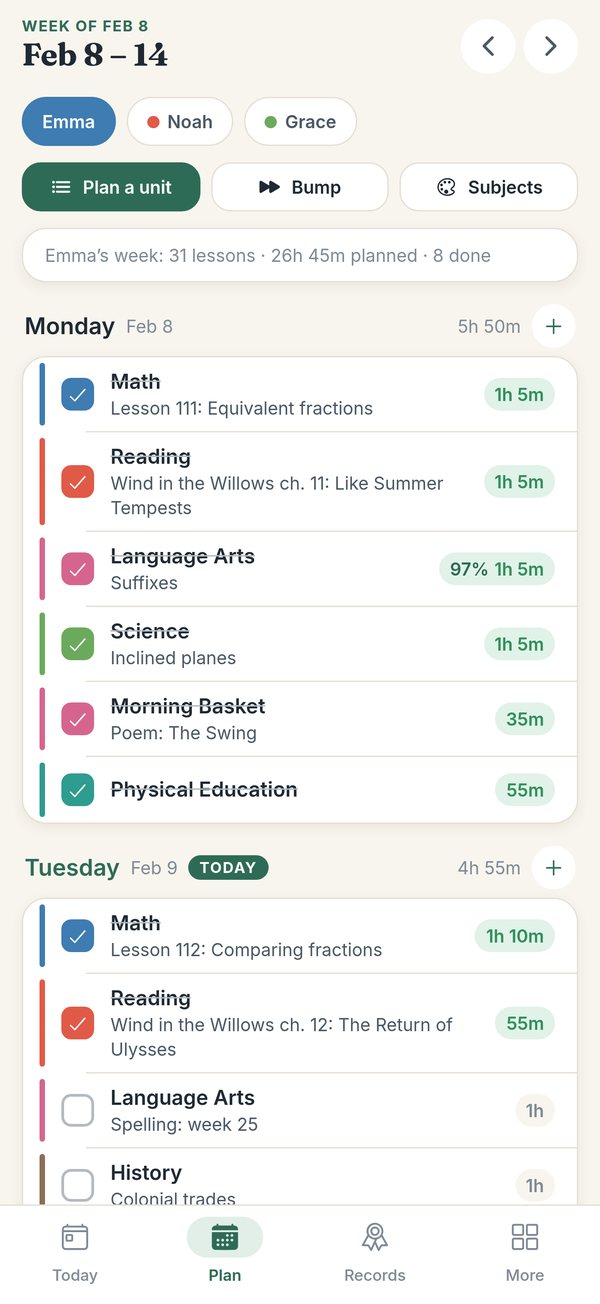The Plan screen: a child's subjects and the week's planned lessons, with Plan a unit and Bump