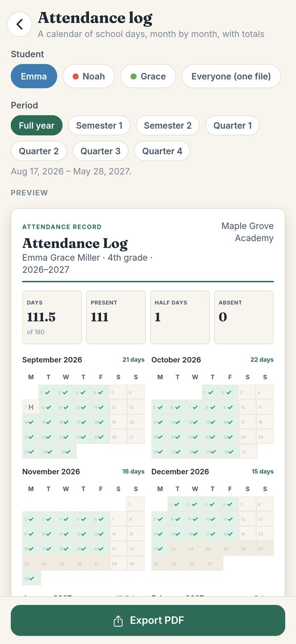 An attendance log report: a month-by-month calendar of school days with totals