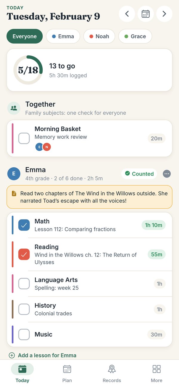 The Today screen: each child's lessons for the day, ready to check off